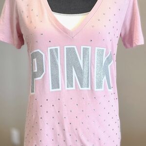 PINK Victoria's Secret Sparkle Logo V-Neck Tee - Light Pink & Silver
